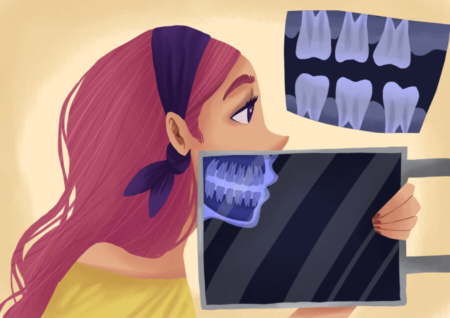 Illustration of a woman's side profile as she gets digital dental X-rays of her teeth